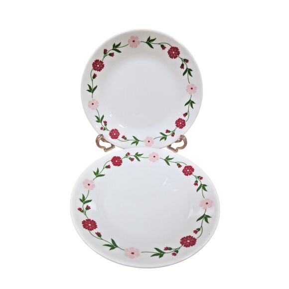 2 Corelle Spring Pink Red Flowers Floral Rim Bread & Butter Plates - 6.75" - Picture 1 of 3